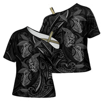 Hawaiian Mango Tribal Tattoo Cross Shoulder Shirt Black White Pacific Traditional Pattern