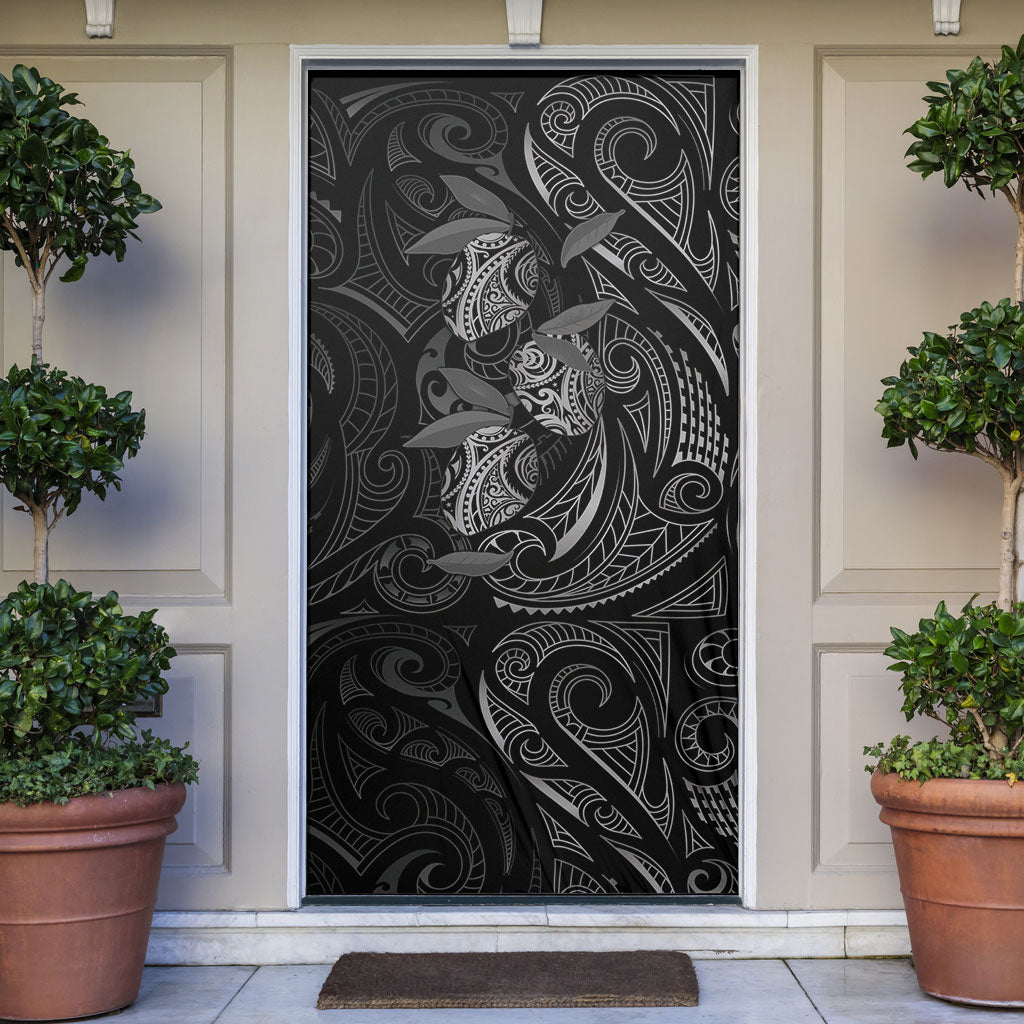 Hawaiian Mango Tribal Tattoo Door Cover Black White Pacific Traditional Pattern