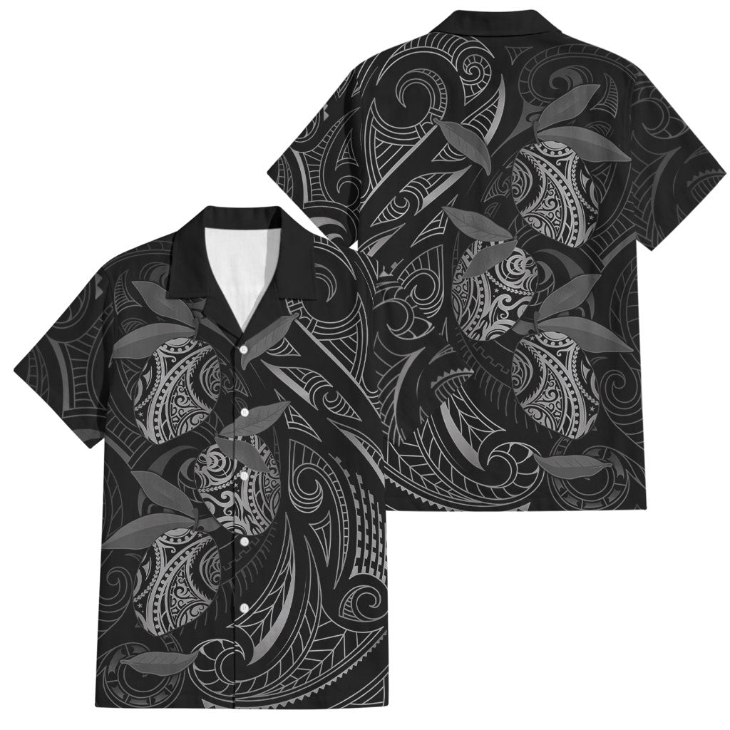Hawaiian Mango Tribal Tattoo Family Matching Long Sleeve Bodycon Dress and Hawaiian Shirt Black White Pacific Traditional Pattern