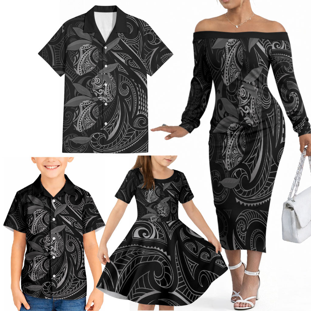 Hawaiian Mango Tribal Tattoo Family Matching Off The Shoulder Long Sleeve Dress and Hawaiian Shirt Black White Pacific Traditional Pattern