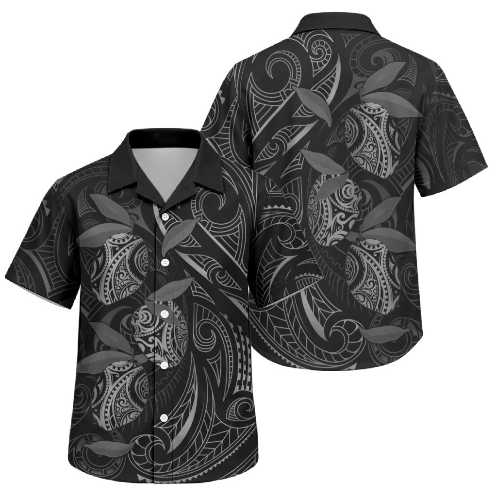 Hawaiian Mango Tribal Tattoo Family Matching Off The Shoulder Long Sleeve Dress and Hawaiian Shirt Black White Pacific Traditional Pattern