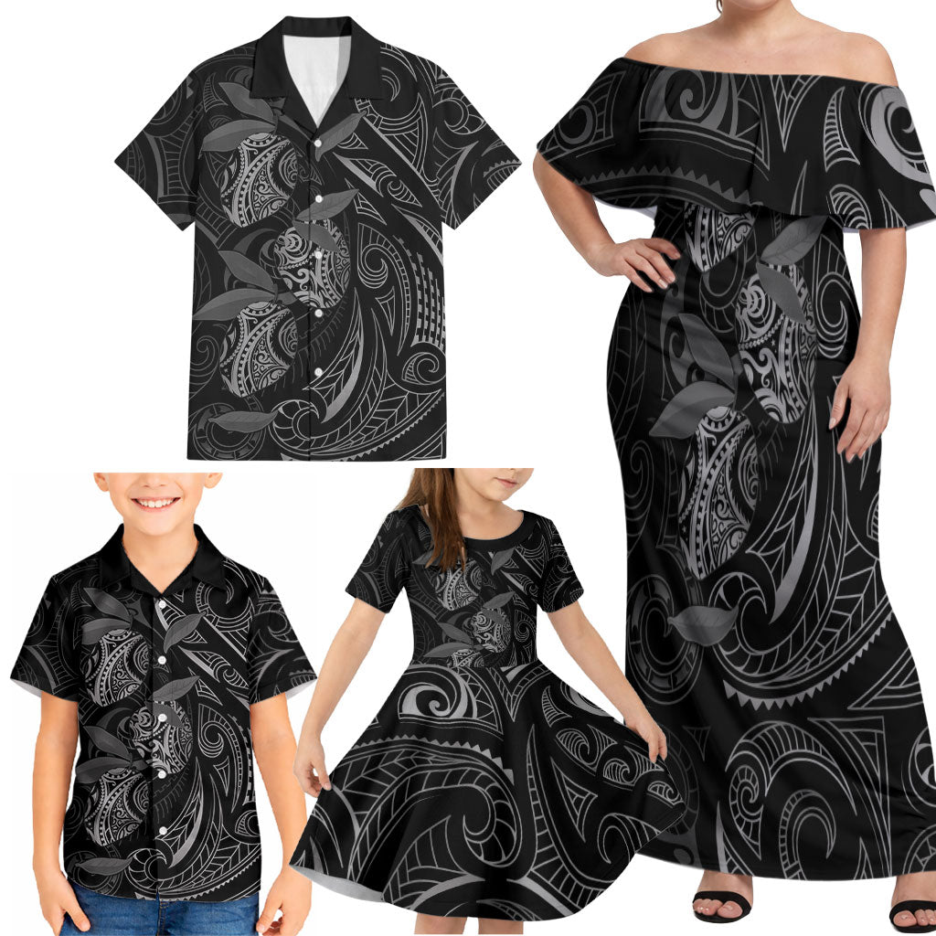 Hawaiian Mango Tribal Tattoo Family Matching Off Shoulder Maxi Dress and Hawaiian Shirt Black White Pacific Traditional Pattern