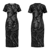 Hawaiian Mango Tribal Tattoo Family Matching Short Sleeve Bodycon Dress and Hawaiian Shirt Black White Pacific Traditional Pattern