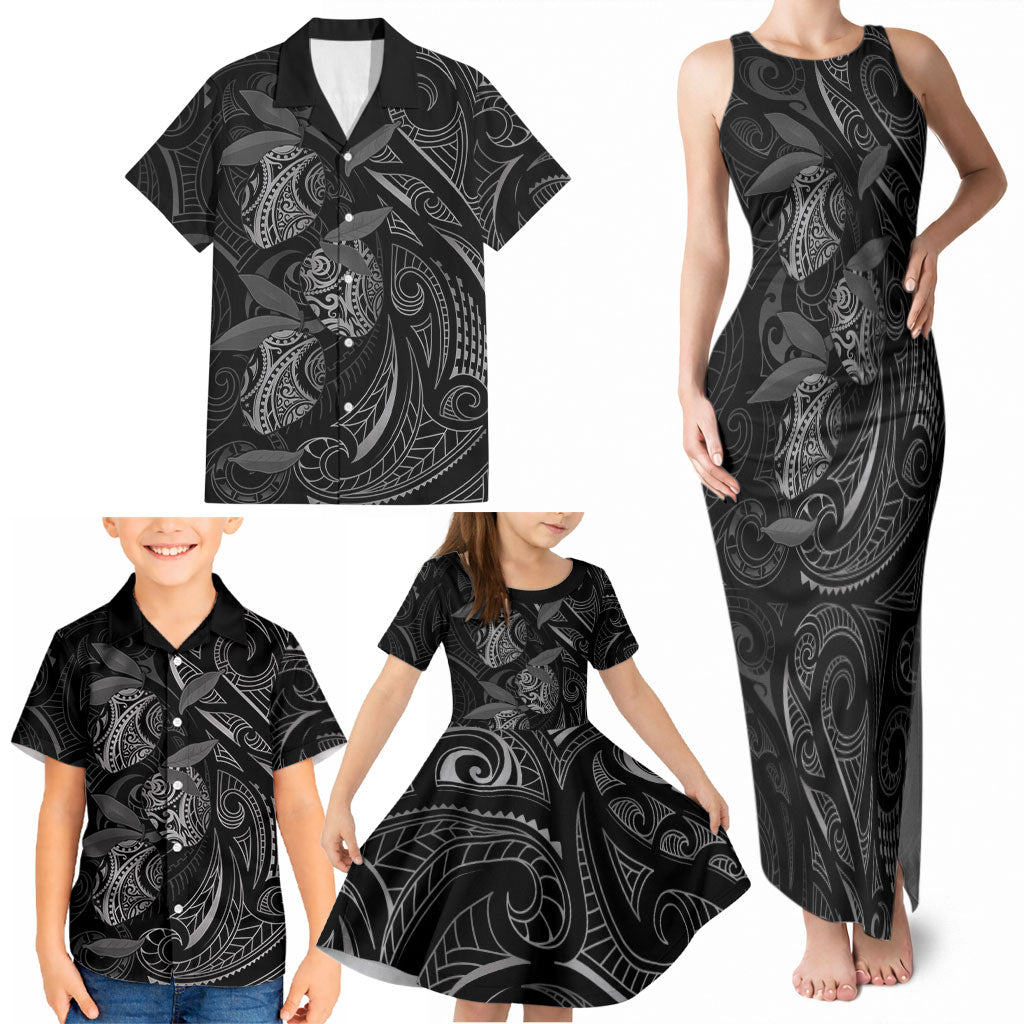 Hawaiian Mango Tribal Tattoo Family Matching Tank Maxi Dress and Hawaiian Shirt Black White Pacific Traditional Pattern