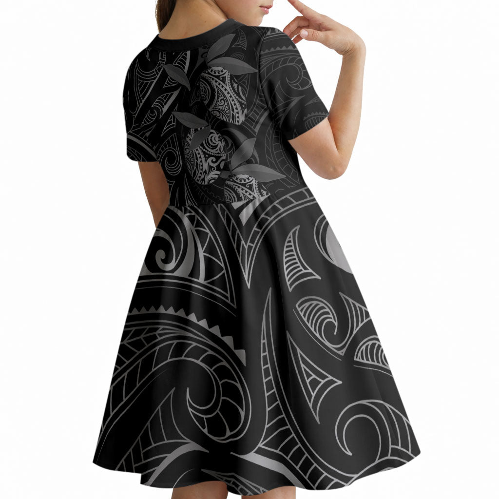 Hawaiian Mango Tribal Tattoo Kid Short Sleeve Dress Black White Pacific Traditional Pattern