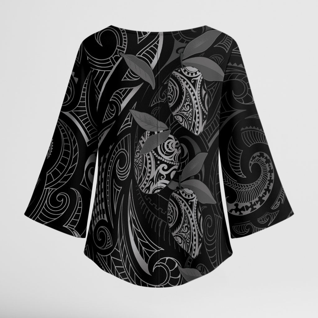 Hawaiian Mango Tribal Tattoo Kimono Sleeve Blouse Black White Pacific Traditional Pattern