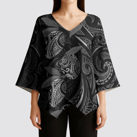Hawaiian Mango Tribal Tattoo Kimono Sleeve Blouse Black White Pacific Traditional Pattern