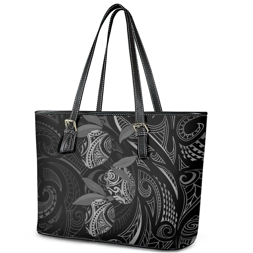 Hawaiian Mango Tribal Tattoo Leather Tote Bag Black White Pacific Traditional Pattern