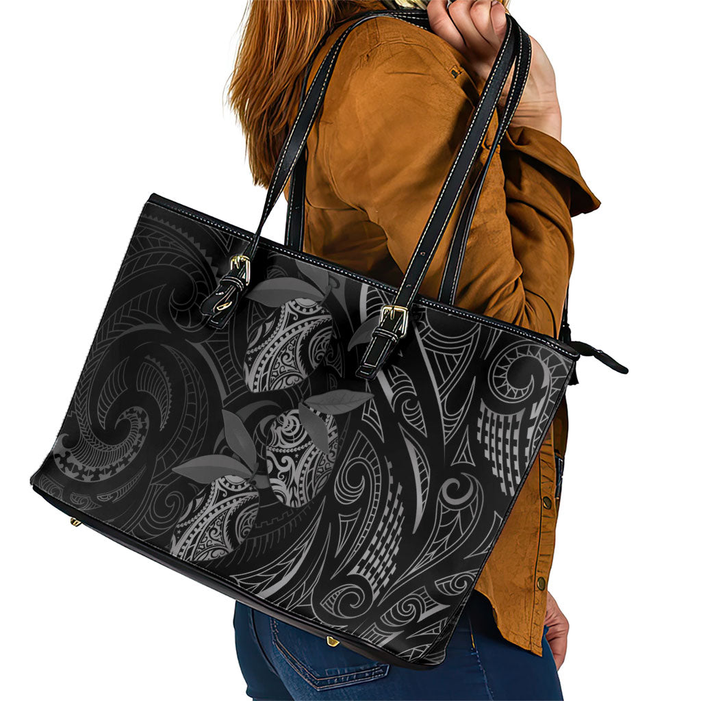 Hawaiian Mango Tribal Tattoo Leather Tote Bag Black White Pacific Traditional Pattern