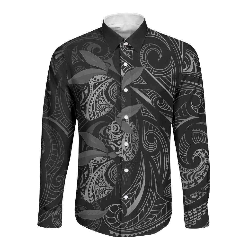Hawaiian Mango Tribal Tattoo Long Sleeve Button Shirt Black White Pacific Traditional Pattern