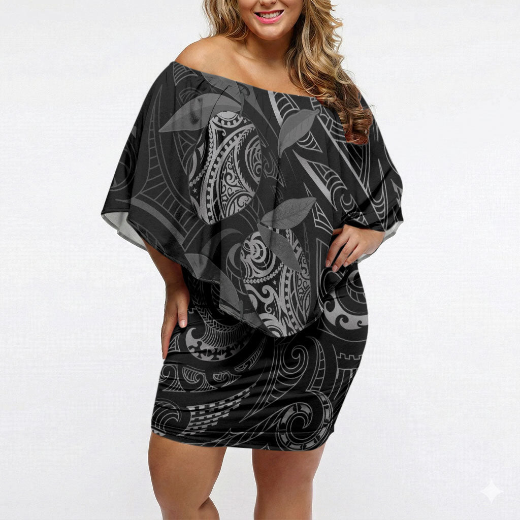 Hawaiian Mango Tribal Tattoo Off Shoulder Short Dress Black White Pacific Traditional Pattern