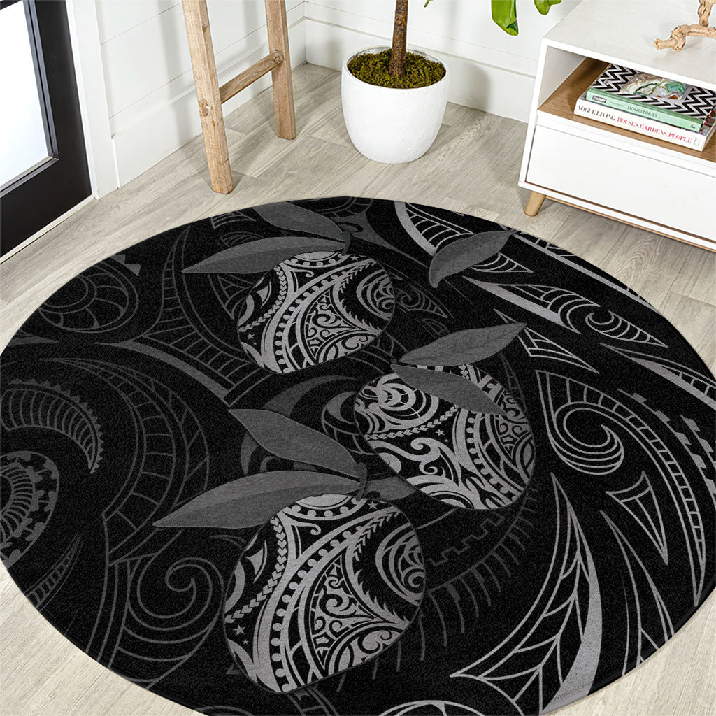 Hawaiian Mango Tribal Tattoo Round Carpet Black White Pacific Traditional Pattern