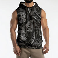 Hawaiian Mango Tribal Tattoo Sleeveless Hoodie Black White Pacific Traditional Pattern