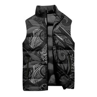 Hawaiian Mango Tribal Tattoo Sleeveless Puffer Jacket Black White Pacific Traditional Pattern