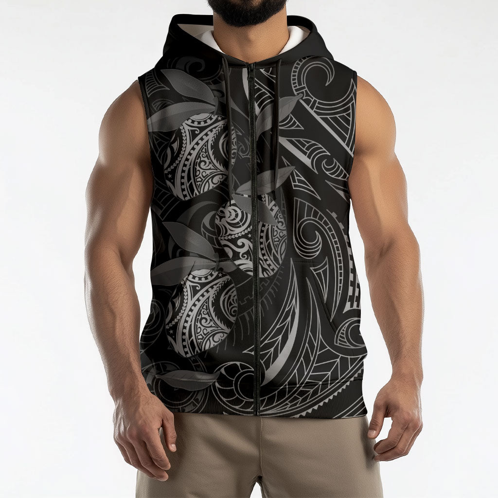 Hawaiian Mango Tribal Tattoo Sleeveless Zip Hoodie Black White Pacific Traditional Pattern
