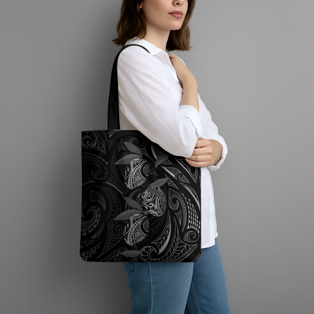 Hawaiian Mango Tribal Tattoo Tote Bag Black White Pacific Traditional Pattern