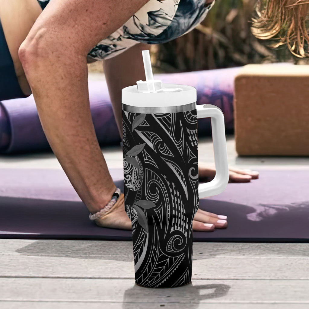 Hawaiian Mango Tribal Tattoo Tumbler With Handle Black White Pacific Traditional Pattern
