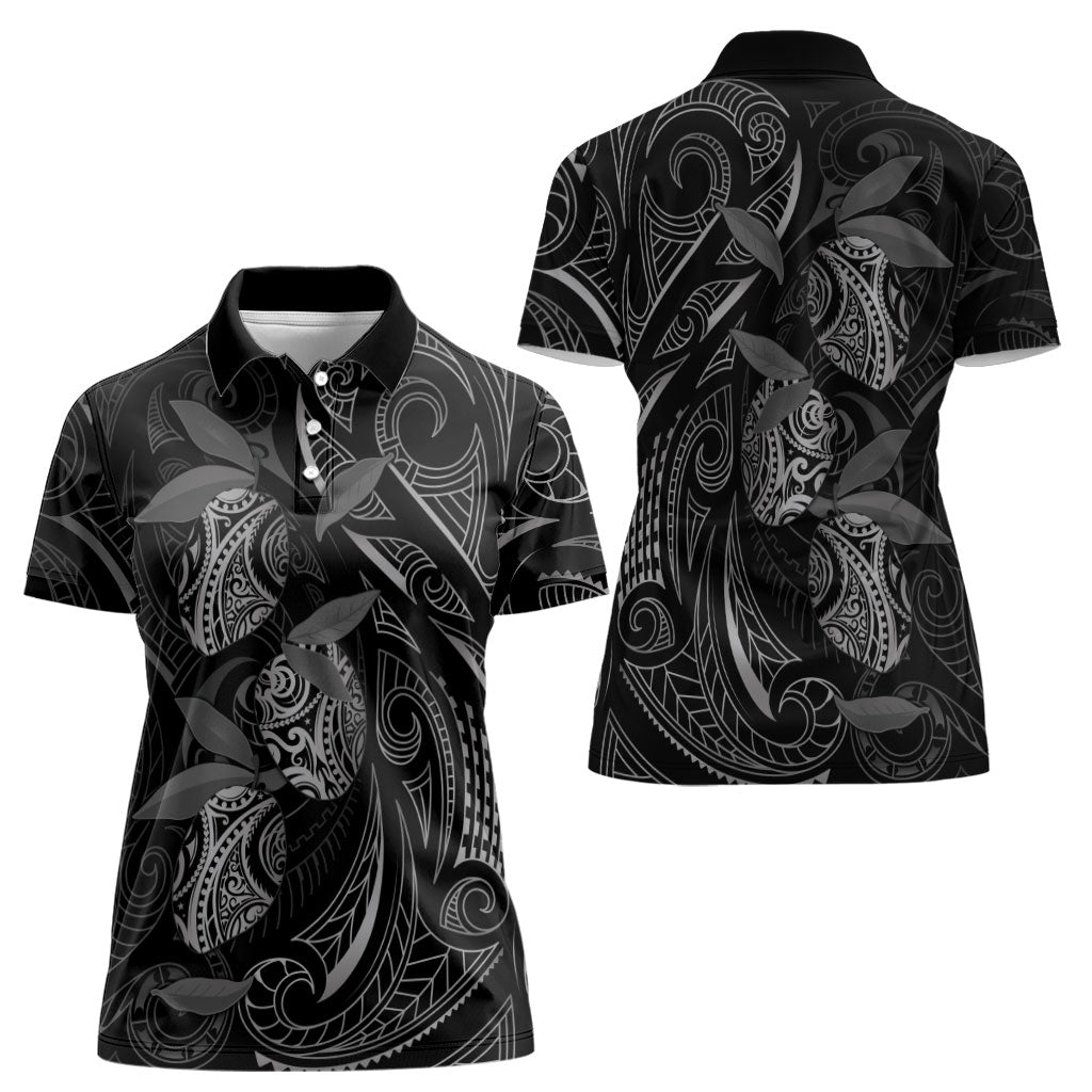 Hawaiian Mango Tribal Tattoo Women Polo Shirt Black White Pacific Traditional Pattern