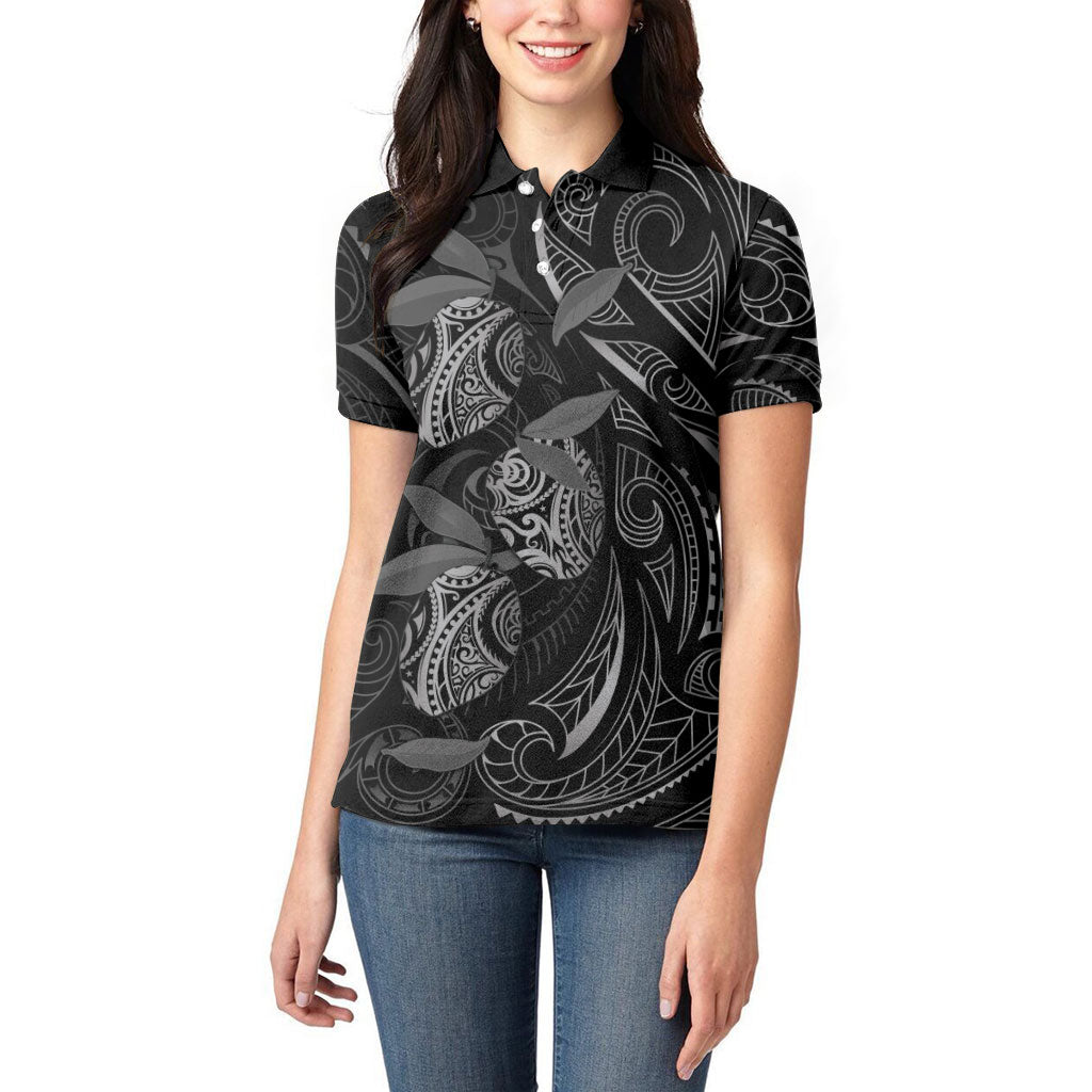 Hawaiian Mango Tribal Tattoo Women Polo Shirt Black White Pacific Traditional Pattern