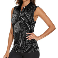 Hawaiian Mango Tribal Tattoo Women Sleeveless Polo Shirt Black White Pacific Traditional Pattern