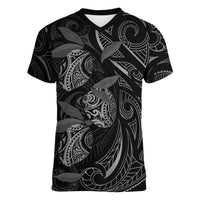 Hawaiian Mango Tribal Tattoo Women V-Neck T-Shirt Black White Pacific Traditional Pattern