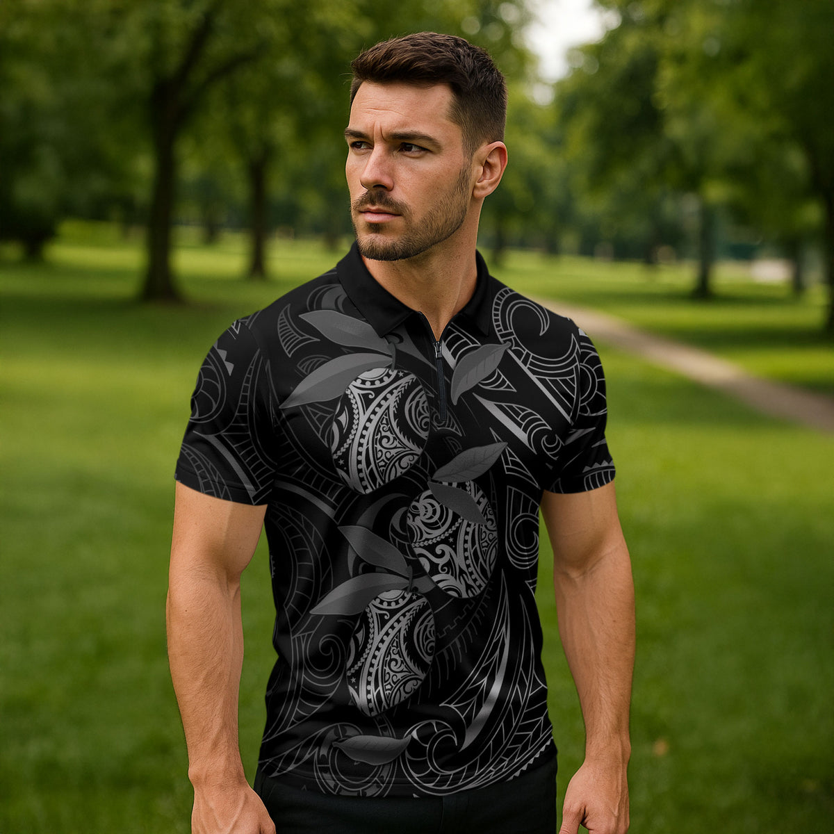 Hawaiian Mango Tribal Tattoo Zipper Polo Shirt Black White Pacific Traditional Pattern