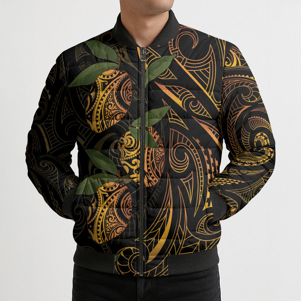 Hawaiian Mango Tribal Tattoo Bomber Puffer Jacket Gold Pacific Traditional Pattern
