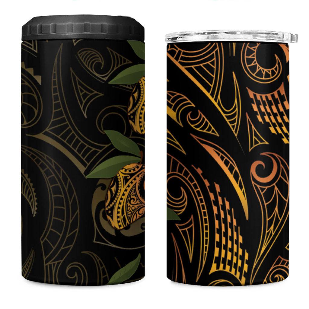 Hawaiian Mango Tribal Tattoo 4 in 1 Can Cooler Tumbler Gold Pacific Traditional Pattern