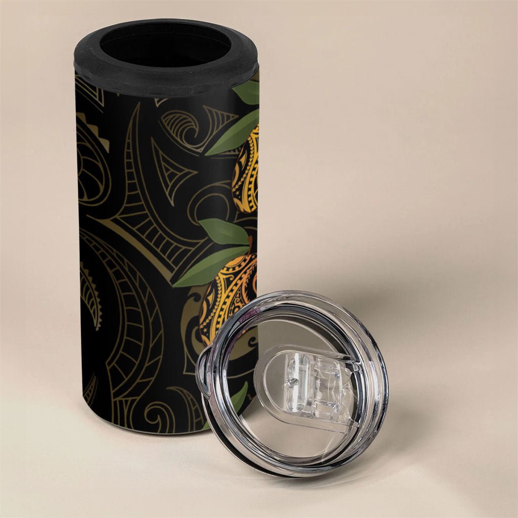 Hawaiian Mango Tribal Tattoo 4 in 1 Can Cooler Tumbler Gold Pacific Traditional Pattern