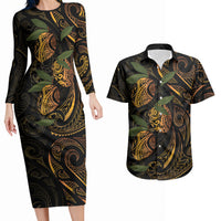 Hawaiian Mango Tribal Tattoo Couples Matching Long Sleeve Bodycon Dress and Hawaiian Shirt Gold Pacific Traditional Pattern