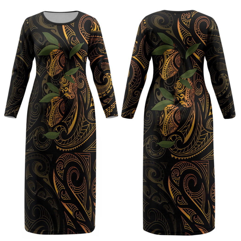 Hawaiian Mango Tribal Tattoo Couples Matching Long Sleeve Bodycon Dress and Hawaiian Shirt Gold Pacific Traditional Pattern