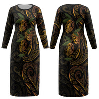 Hawaiian Mango Tribal Tattoo Couples Matching Long Sleeve Bodycon Dress and Hawaiian Shirt Gold Pacific Traditional Pattern