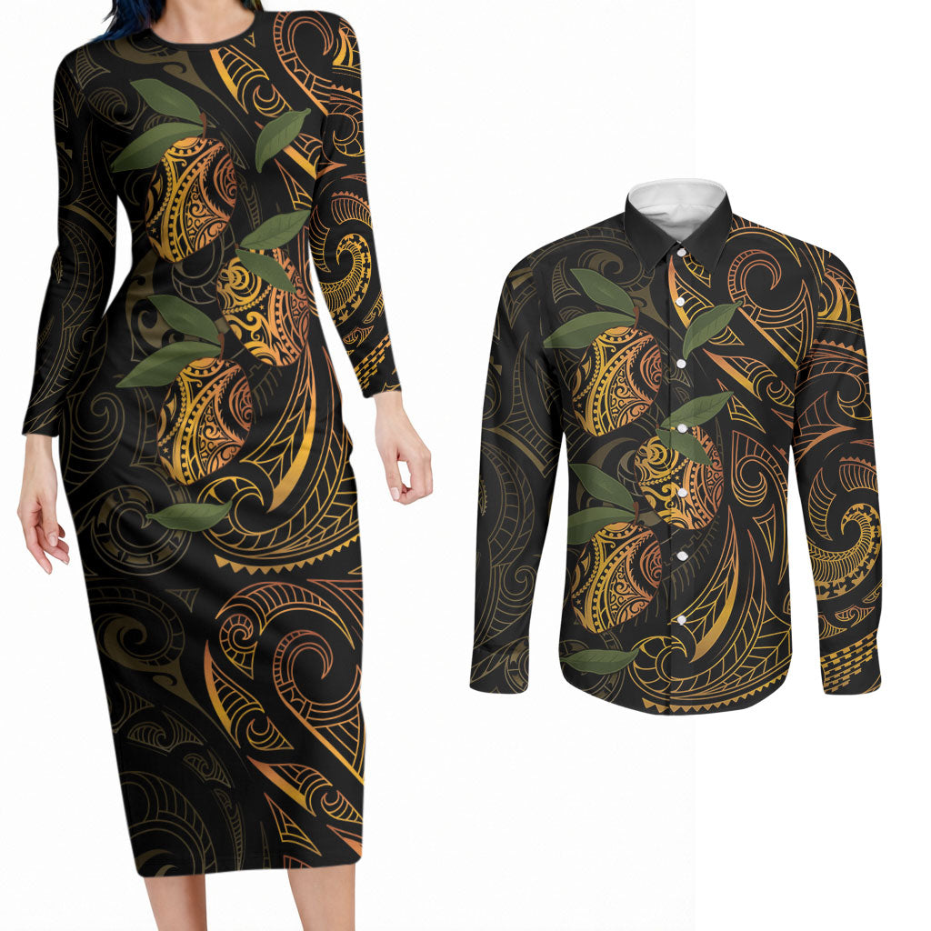 Hawaiian Mango Tribal Tattoo Couples Matching Long Sleeve Bodycon Dress and Long Sleeve Button Shirt Gold Pacific Traditional Pattern