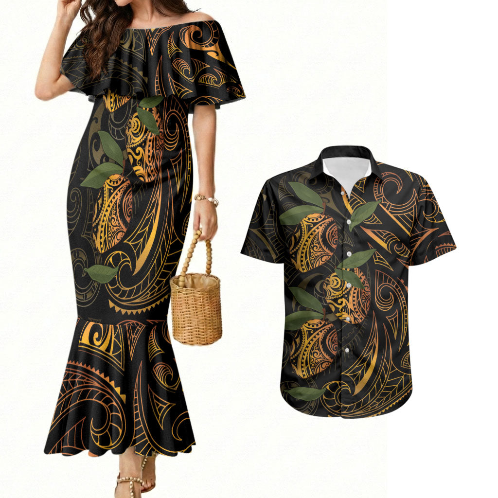 Hawaiian Mango Tribal Tattoo Couples Matching Mermaid Dress and Hawaiian Shirt Gold Pacific Traditional Pattern