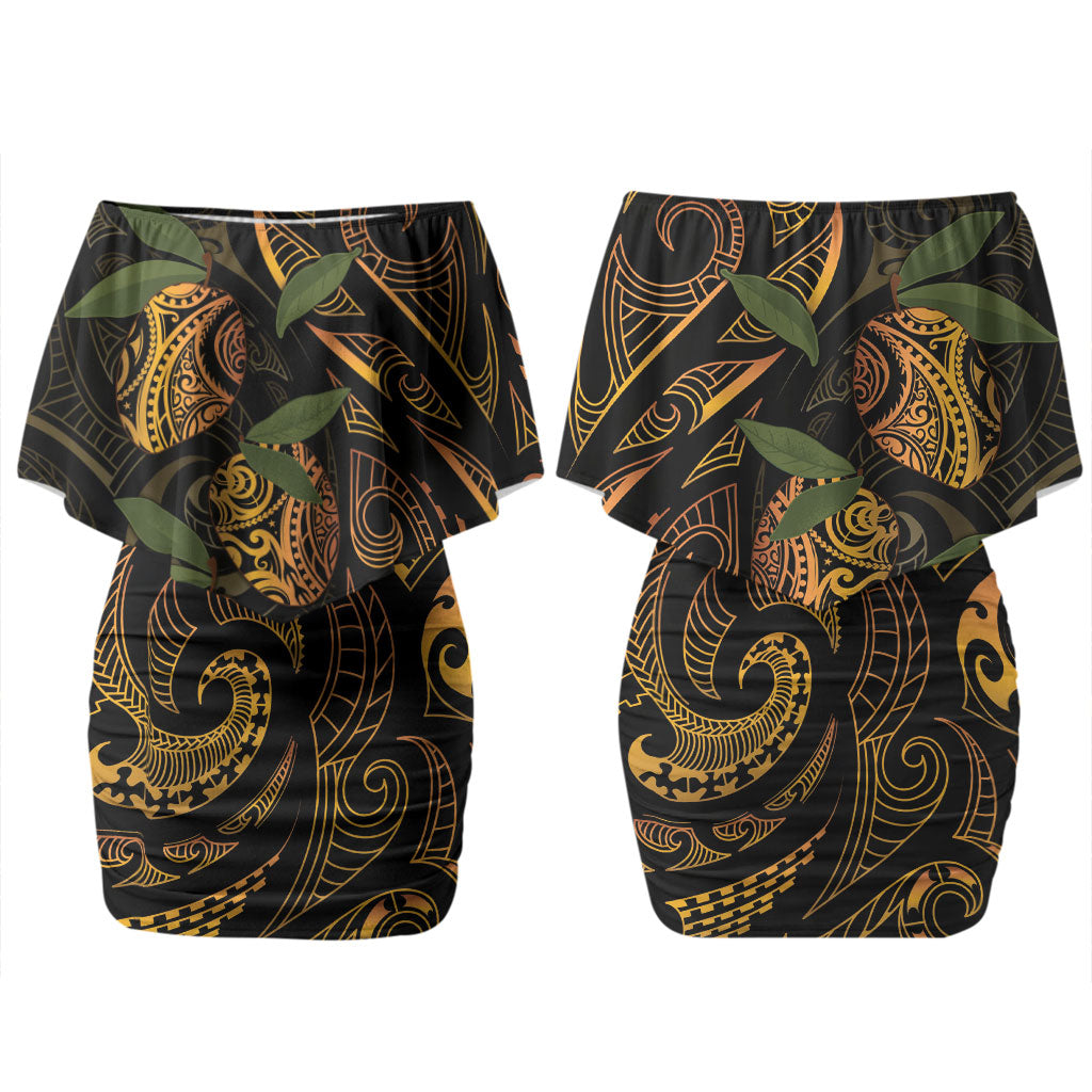 Hawaiian Mango Tribal Tattoo Couples Matching Off Shoulder Short Dress and Hawaiian Shirt Gold Pacific Traditional Pattern