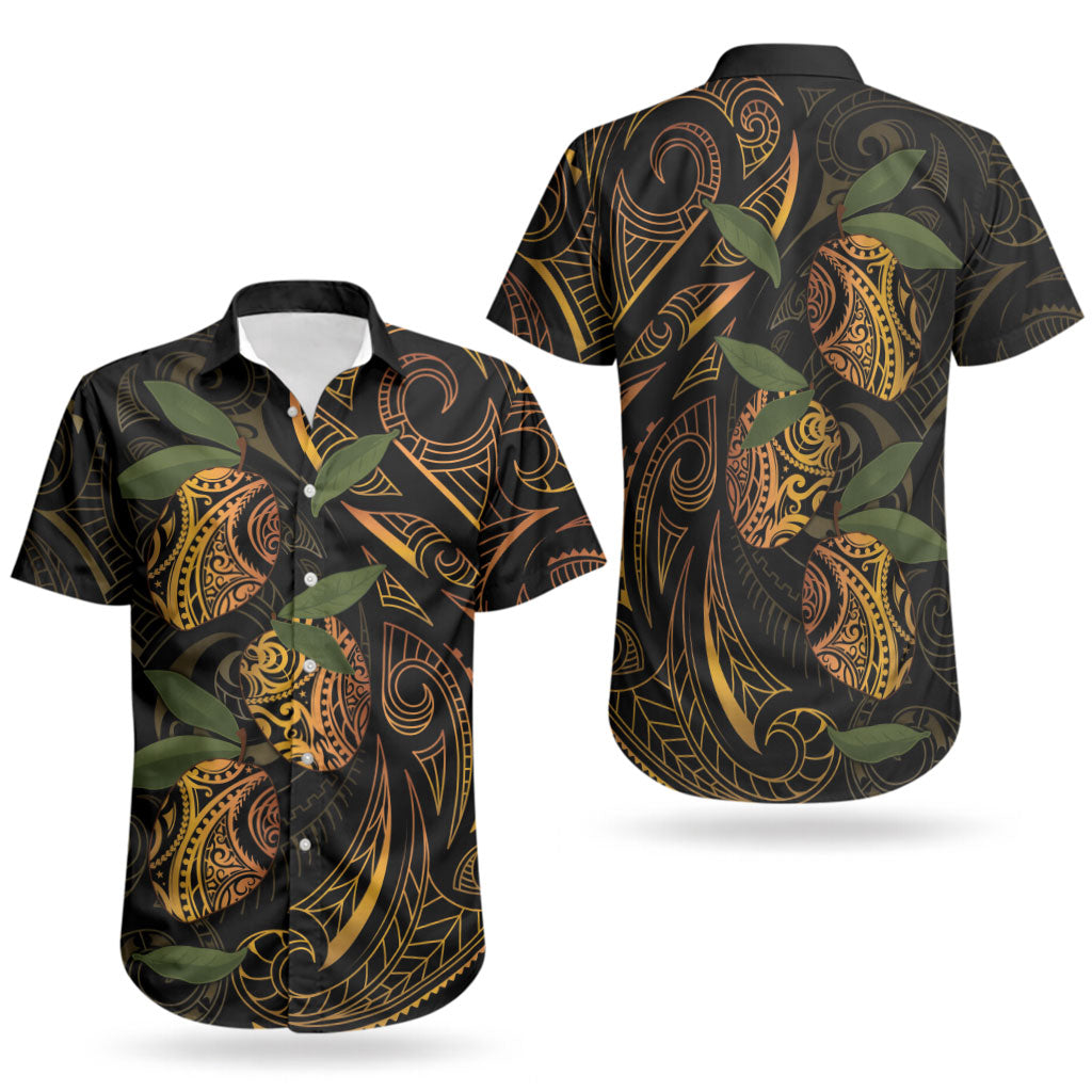 Hawaiian Mango Tribal Tattoo Couples Matching Off The Shoulder Long Sleeve Dress and Hawaiian Shirt Gold Pacific Traditional Pattern