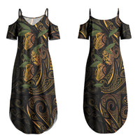 Hawaiian Mango Tribal Tattoo Couples Matching Summer Maxi Dress and Long Sleeve Button Shirt Gold Pacific Traditional Pattern
