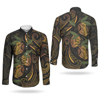 Hawaiian Mango Tribal Tattoo Couples Matching Tank Maxi Dress and Long Sleeve Button Shirt Gold Pacific Traditional Pattern