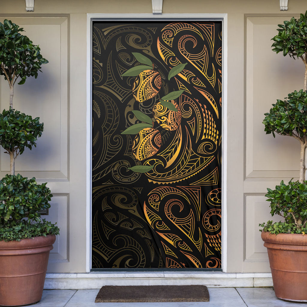 Hawaiian Mango Tribal Tattoo Door Cover Gold Pacific Traditional Pattern