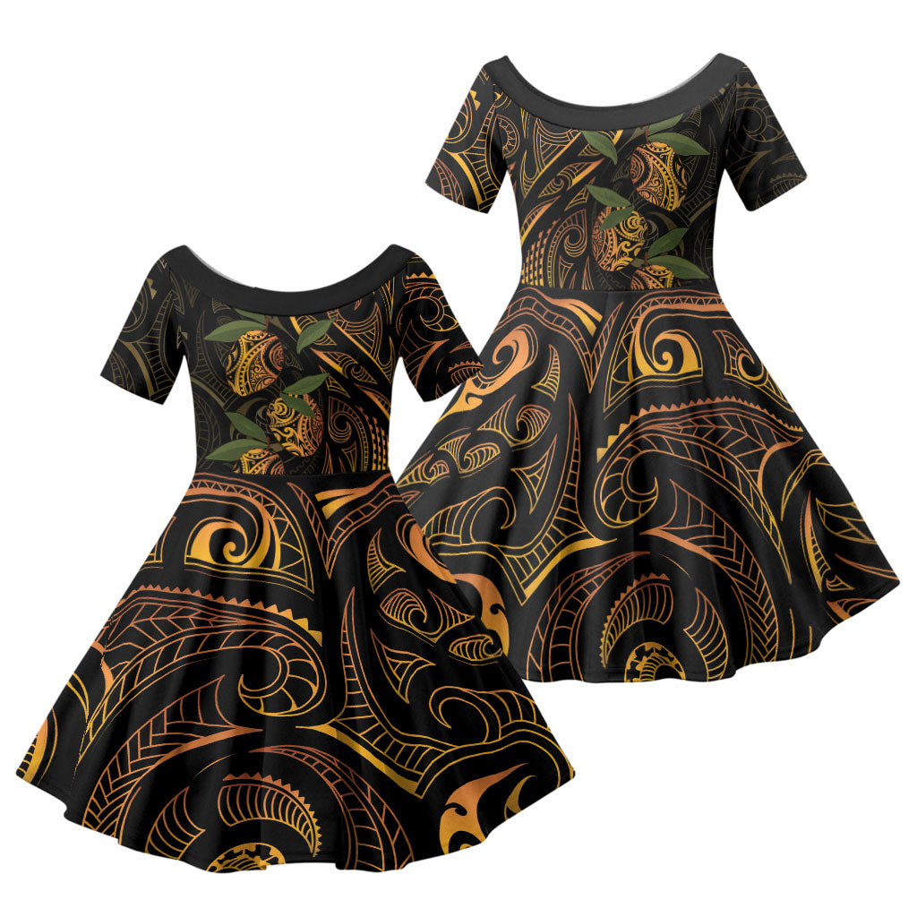 Hawaiian Mango Tribal Tattoo Family Matching Long Sleeve Bodycon Dress and Hawaiian Shirt Gold Pacific Traditional Pattern