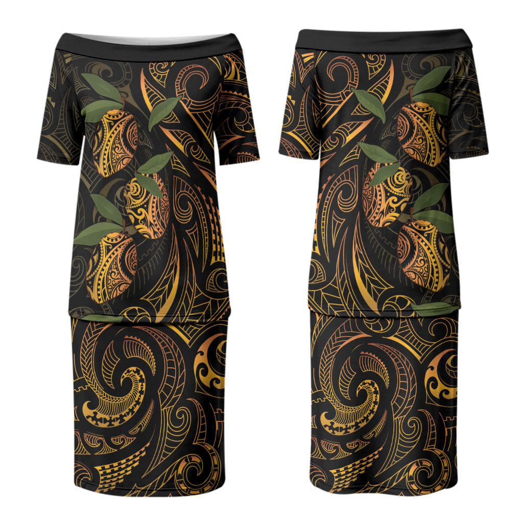 Hawaiian Mango Tribal Tattoo Family Matching Puletasi and Hawaiian Shirt Gold Pacific Traditional Pattern