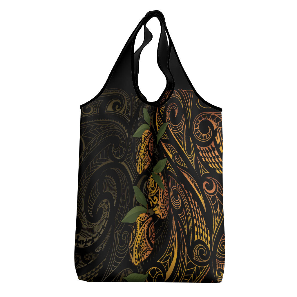 Hawaiian Mango Tribal Tattoo Grocery Bag Gold Pacific Traditional Pattern