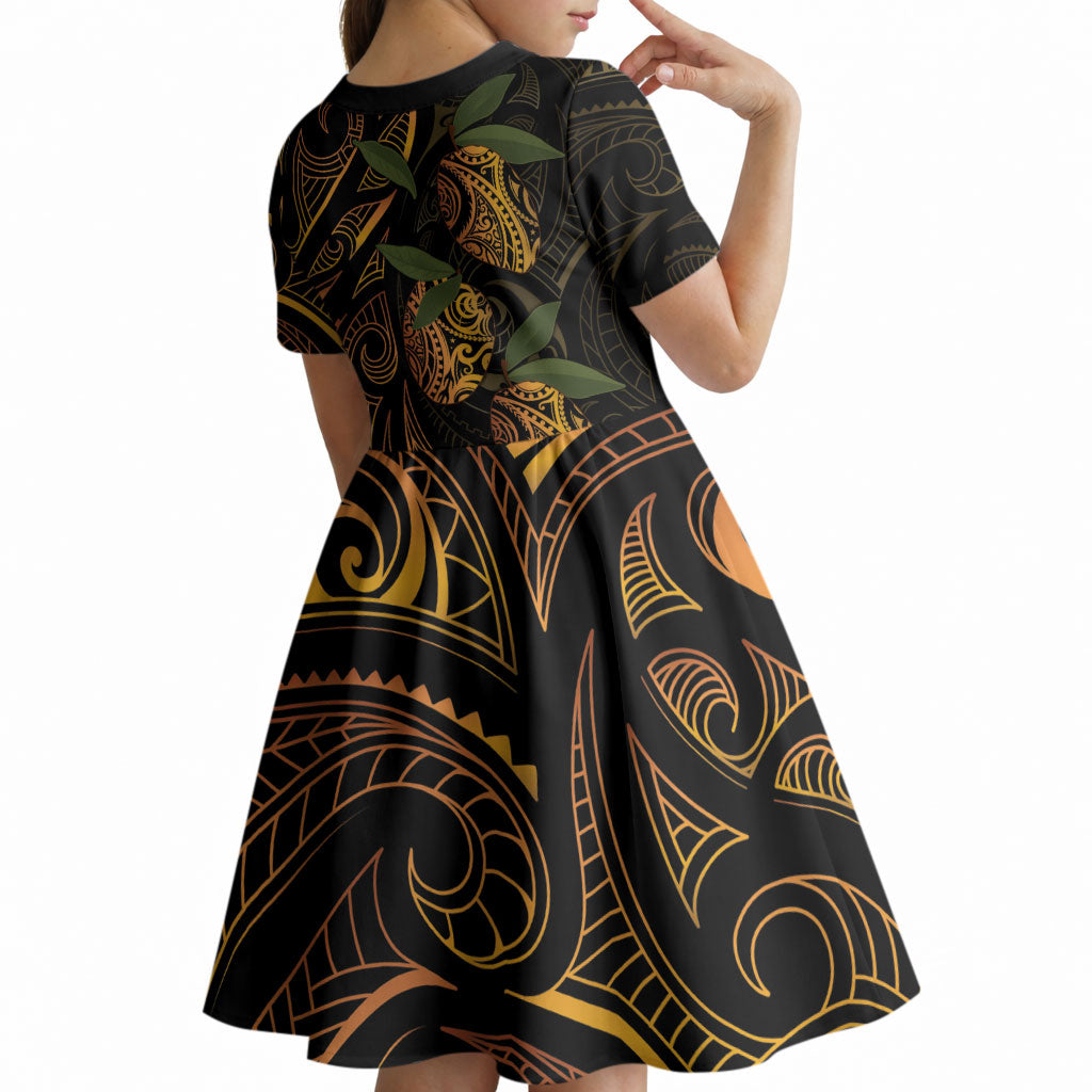 Hawaiian Mango Tribal Tattoo Kid Short Sleeve Dress Gold Pacific Traditional Pattern
