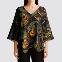 Hawaiian Mango Tribal Tattoo Kimono Sleeve Blouse Gold Pacific Traditional Pattern