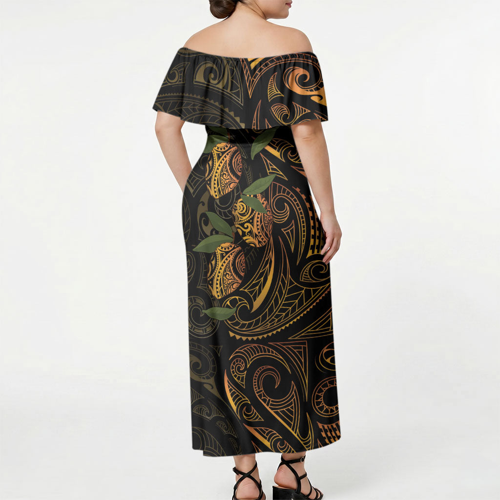 Hawaiian Mango Tribal Tattoo Off Shoulder Maxi Dress Gold Pacific Traditional Pattern