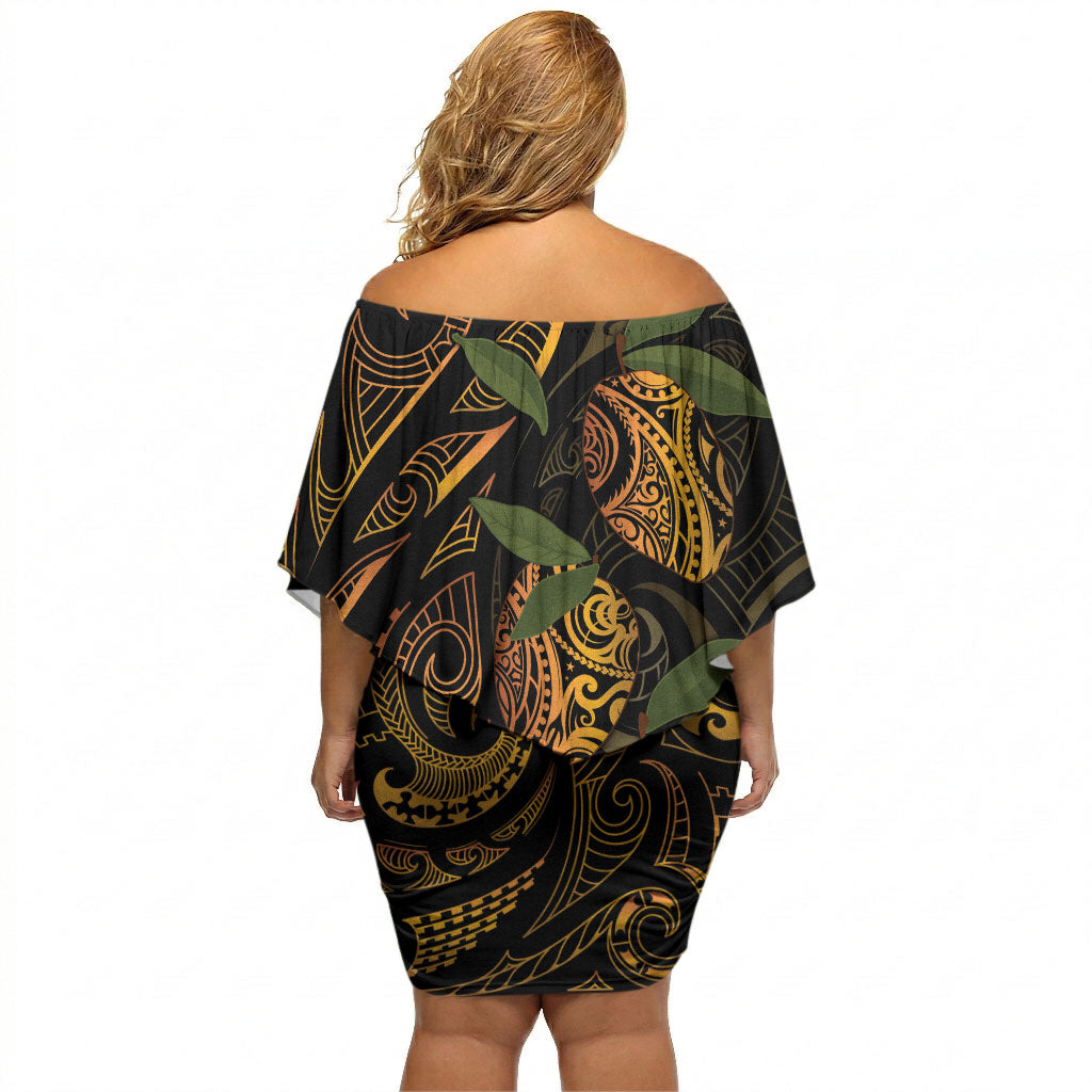 Hawaiian Mango Tribal Tattoo Off Shoulder Short Dress Gold Pacific Traditional Pattern