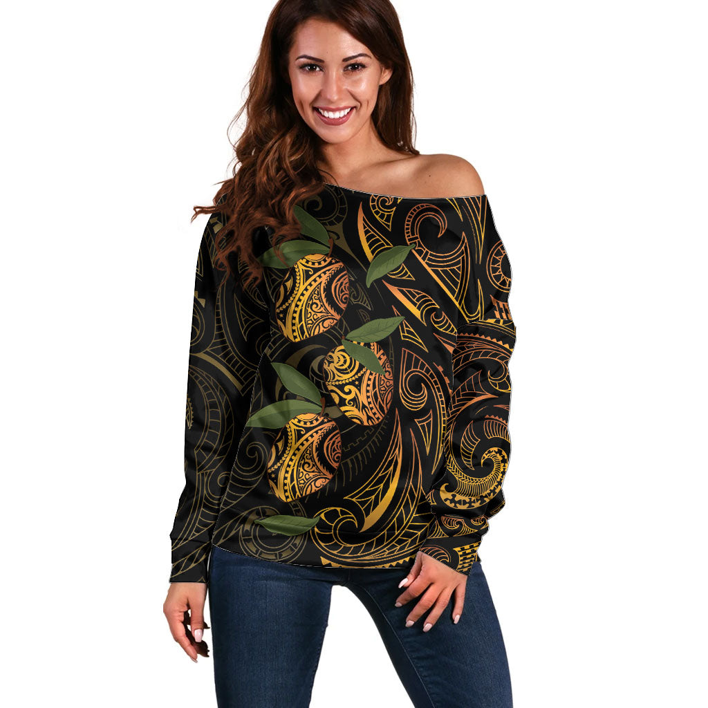 Hawaiian Mango Tribal Tattoo Off Shoulder Sweater Gold Pacific Traditional Pattern