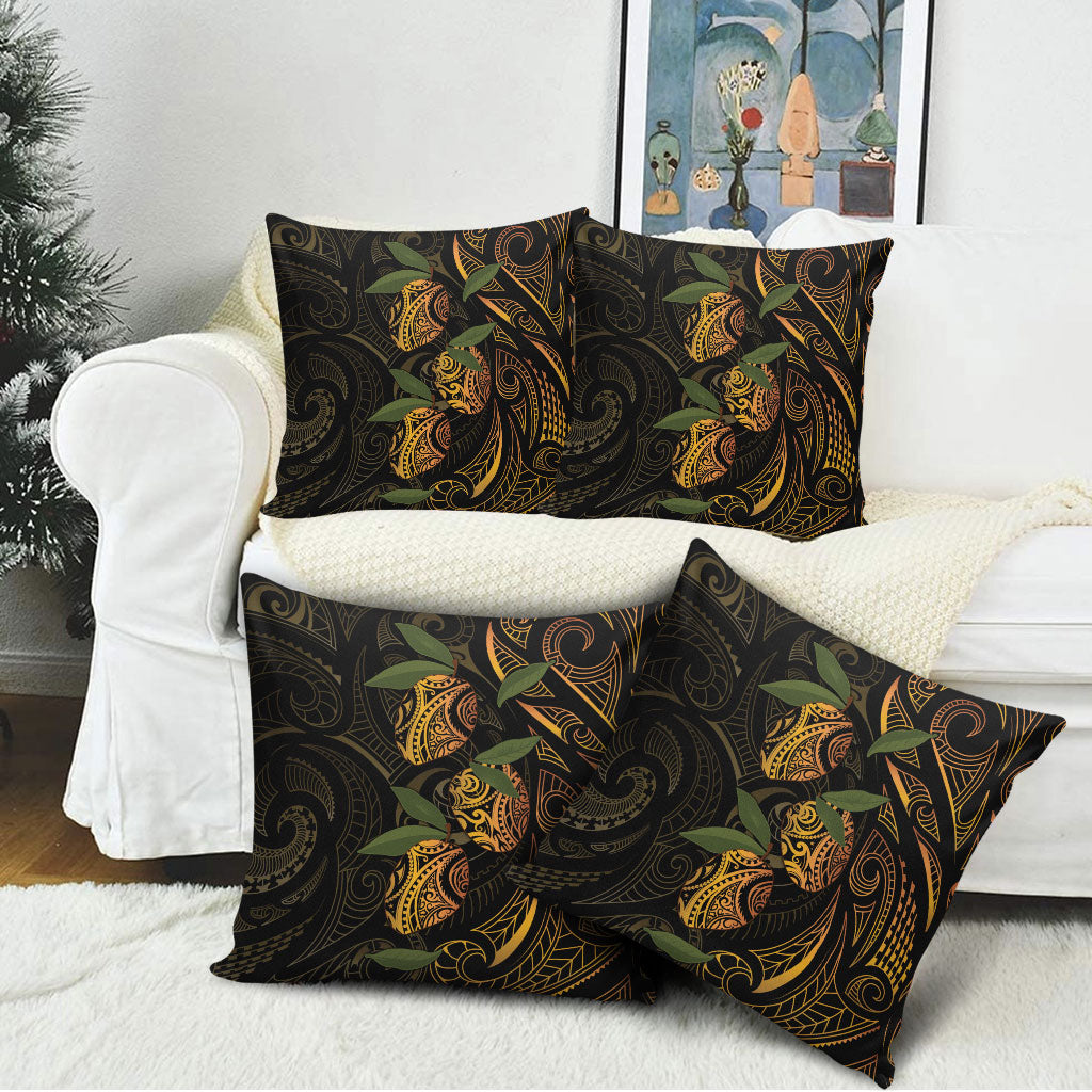 Hawaiian Mango Tribal Tattoo Pillow Cover Gold Pacific Traditional Pattern