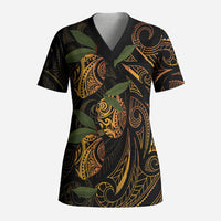 Hawaiian Mango Tribal Tattoo Scrub Top Gold Pacific Traditional Pattern