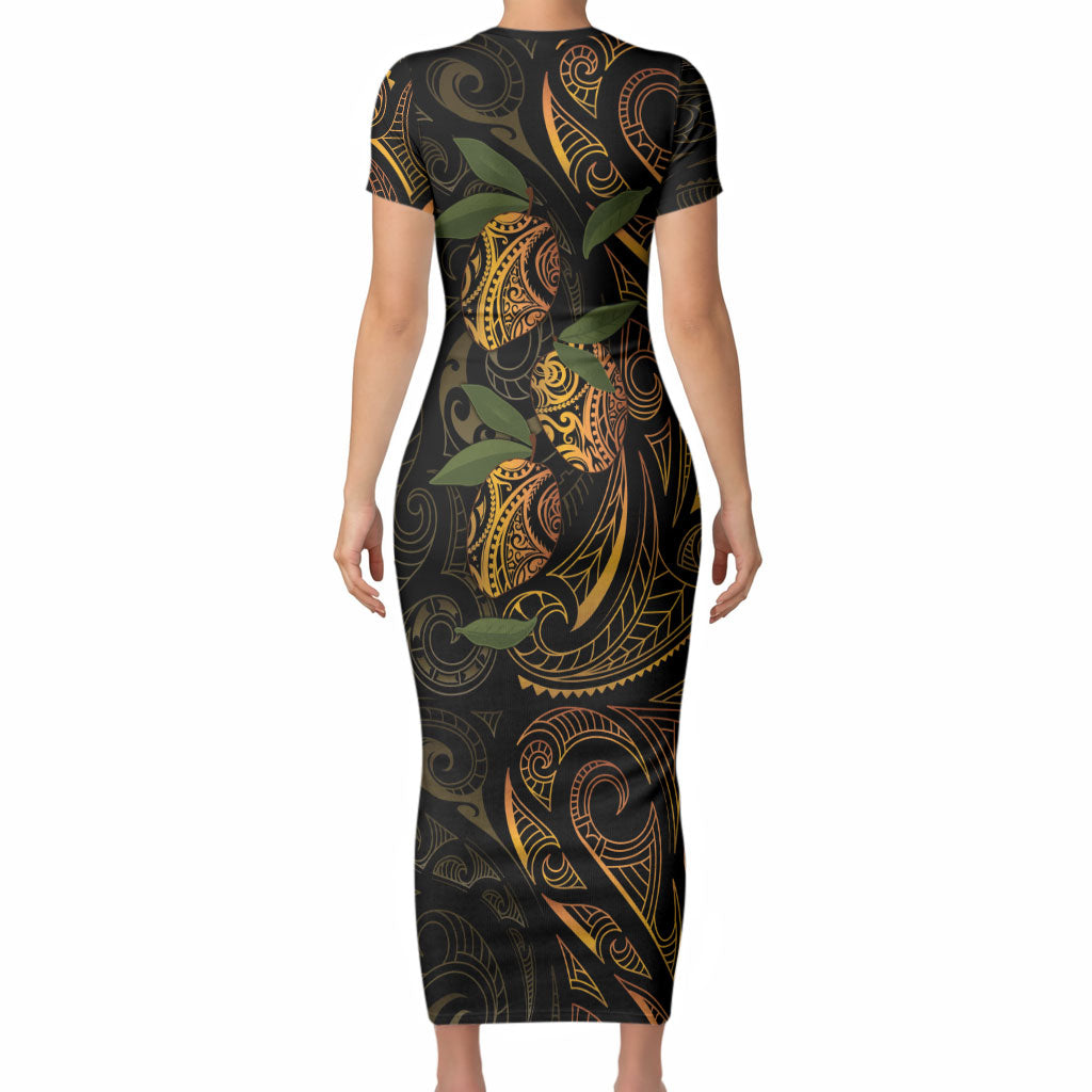 Hawaiian Mango Tribal Tattoo Short Sleeve Bodycon Dress Gold Pacific Traditional Pattern